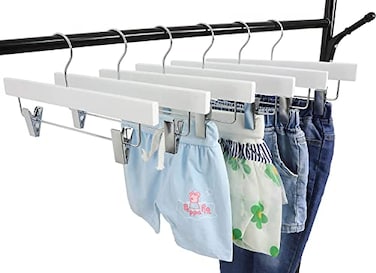 TOPIA HANGER 11.8 Inch White Wooden Pants Skirt Hangers for Kids Baby Toddler Children, Extra Thick Chrome Hooks &amp; Anti-Wrinkle Premium Flat Clips 10 Pack CT09PW