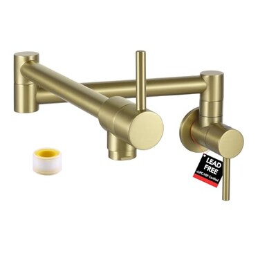 KES Kitchen Gold Pot Filler Folding Faucet Brass Double Joint Swing Arm Sink Faucet Articulating Wall Mount Two Handle Brushed Gold, KN926LF-BZ