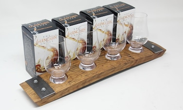 Premium 4 Glass Whiskey Flight/Natural (light Oak)/ Crystal Glasses