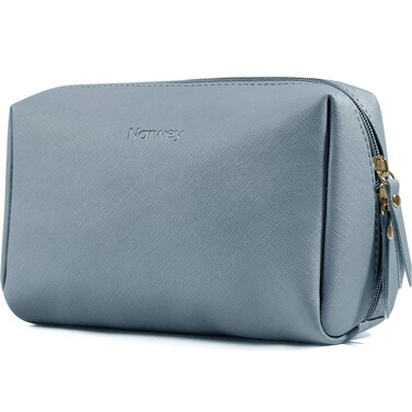 PU Leather Makeup Bag Travel Cosmetic Bag Organizer Make up Bag with Organization Pockets for Women (Large, Greyish Blue)