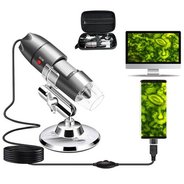 USB Microscope Camera 40X to 1000X, Cainda Digital Microscope with Metal Stand &amp; Carrying Case, Compatible with Android Windows Linux Mac, Portable Microscope Camera for Kids Students Adults (Gray)