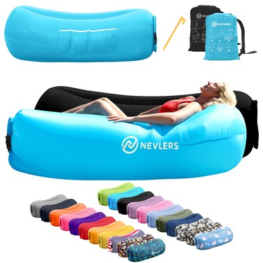 Nevlers 2 Pack Inflatable Loungers Air Sofa Couch   Perfect for Beach Chair Camping Chairs or Portable Hammock  Travel Bag Pouch, Pegs &amp; 3 Pockets  Movie Seating &amp; Camping Accessories Blow Up Lounger