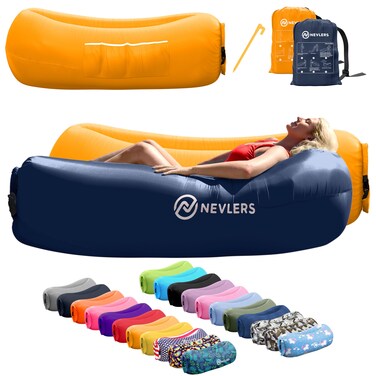 Nevlers 2 Pack Inflatable Loungers Air Sofa Couch   Perfect for Beach Chair Camping Chairs or Portable Hammock  Travel Bag Pouch, Pegs &amp; 3 Pockets  Movie Seating &amp; Camping Accessories Blow Up Lounger