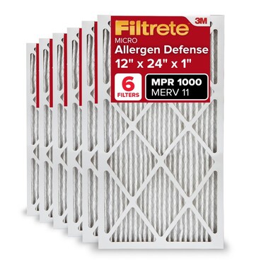 Filtrete 12x24x1 AC Furnace Air Filter, MERV 11, MPR 1000, Micro Allergen Defense, 3-Month Pleated 1-Inch Electrostatic Air Cleaning Filter, 6 Pack (Actual Size 11.69x23.69x0.81 in)