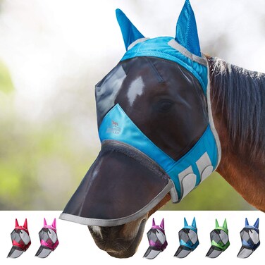 Harrison Howard CareMaster Pro Luminous Horse Fly Mask Large Eye Space Long Nose with Ears UV Protection for Horse Sky Blue L Full Size