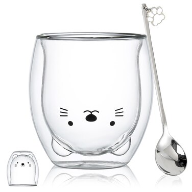 Cat Mug Cute Mugs Glass Double Wall Insulated Glass Espresso Cup, Kawaii Cup, Coffee Cup, Tea Cup, Milk Cup, Best gift for Office and Personal Birthday Christmas (Cat)
