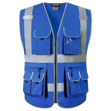 JKSafety 10 Pockets High Visibility Zipper Front Blue Safety Vest with High Reflective Strips Meets ANSI/ISEA Standards (Medium, 88-Blue)