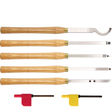 AT05 Carbide Tipped Wood Turning tools Lathe set Rougher Detailer Finisher Swan Neck Hollower Parting Tool with Solid Wood Handle and Diamond Round Square Carbide Inserts 5pcs