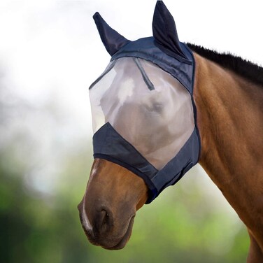 Harrison Howard CareMaster Horse Fly Mask Half Face with Ears Black/Silver Retro Medium Cob