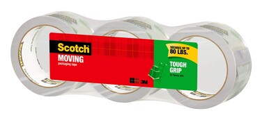 Scotch Tough Grip Moving Packing Tape, Clear, Moving Tape That Secures Boxes up to 80 Pounds, 1.88 in. x 43.7 yd., 3 Tape Rolls