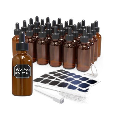 Nevlers 24PK 2 Oz Amber Glass Dropper Bottle   Leakproof Bottle with Dropper Set with Label Stickers, Funnel, Cleaning Brush, &amp; White Glass Marker