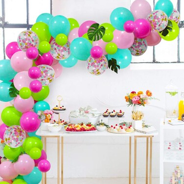 Tropical Themed Balloons Garland Kit, 112 pcs Luau Party Decorations Blue Green Hot Pink Confetti Balloons with Strip Tools and Palm Leaves for Birthday Jungle Hawaii Summer Beach Party Supplies