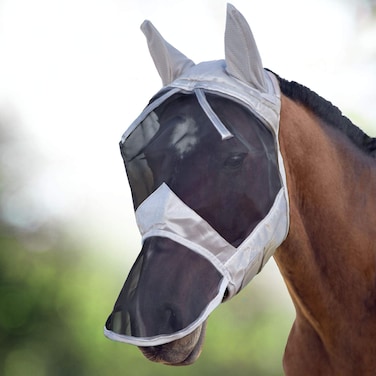 Harrison Howard CareMaster Horse Fly Mask Long Nose with Ears Full Face Silver/Black Retro Medium Cob