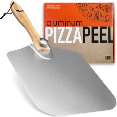 Aluminum Pizza Peel Metal - 12 x 14 Inch. Pizza Spatula for Oven with Foldable Wood Handle. Pizza Oven Accessories Tools. Turning Peel, Bread, Pastry, Dough, Cake Spatula