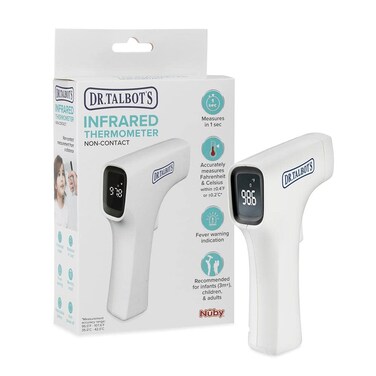 Dr. Talbot's Easy Handle Non-Contact Infrared Thermometer with Led Screen, Fever Warning Indicator, Accurate 1 S Reading for Baby, Kids, &amp; Adults, White