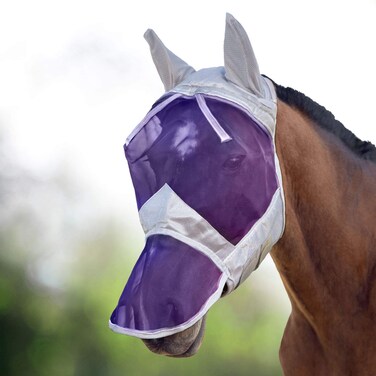 Harrison Howard CareMaster Horse Fly Mask Long Nose with Ears Full Face Silver/Purple Retro Large Full Size