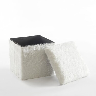 Urban Lifestyle White Mongolian Fur Collapsible Storage Ottoman with Lid, 15"x15"x15