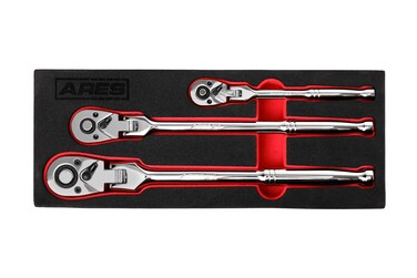 ARES 42028 - Flex Head Ratchet Set - 3-Piece 72-Tooth Ratchet - Premium Chrome Vanadium Steel Construction &amp; Chrome Plated Finish - 72-Tooth Quick Release Reversible Design with 5 Degree Swing