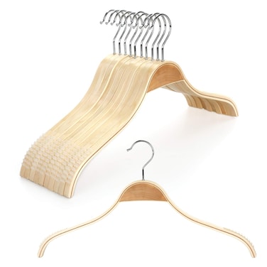 TOPIA HANGER Slim Natural Wood Hangers with Extra Soft Non-Slip Rubber Grips, 10-Pack High-Grade Fashion Hanger No Shoulder Bump for Sweater, Camisole, Jacket, Dress, Coat -CT15N