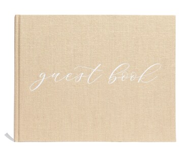 Pearhead Linen Wedding Guest Book with White Script - Classic Elegant Wedding Decor, Perfect for Bridal Showers and Weddings, Includes Pen For Guests - 100 Pages, 7"x9", Beige Burlap