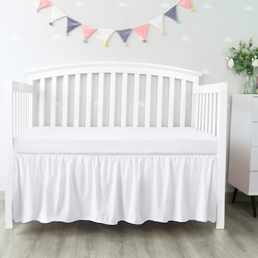 Crib Bed Skirt 28&rdquo; x 52&rdquo; with 14&rdquo; Drop Pleated Dust Ruffle for Baby Boys Girls Elastic Adjustable Fit Toddler Bedskirt Easy On/Off Soft Nursery Standard Crib Bedding Skirts Solid White Crib Skirt