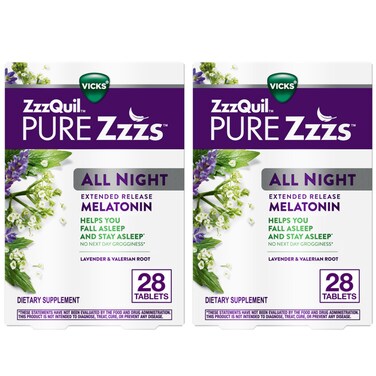 ZzzQuil PURE Zzzs All Night Extended Release, Melatonin Sleep Aid Tablets, Helps You Stay Asleep Longer, Sleep Aid for Adults, 2 mg per tablet, 56 Total Tablets (2 Packs of 28)