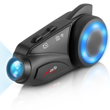 MAXTO Motorcycle Bluetooth Headset with Camera 1080P HD, M3 Upgraded 360&deg;Adjustable Clip, 6 Riders 3280Ft Motorcycle Communication Systems Group Intercoms, WiFi Transit/FM funtion, IP65 Waterproof