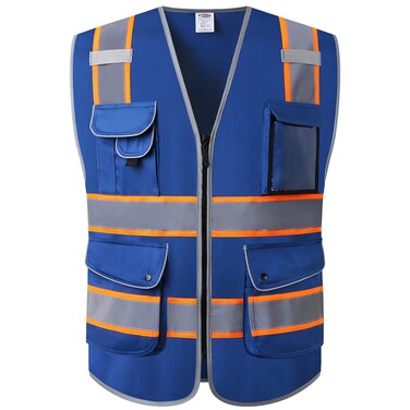 JKSafety 9 Pockets High Visibility Zipper Front Safety Vest   Blue with Dual Tone High Reflective Strips   Meets ANSI/ISEA Standards (901-Blue, Large)