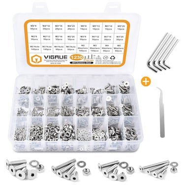 VIGRUE 1230 Pieces M2 M3 M4 M5 Flat Head Socket Cap Screws 304 Stainless Steel Cap Bolts Nuts Washers Assortment Kit with 4Pcs Hex Wrenches