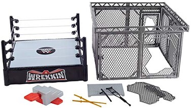 WWE Wrekkin' Collision Cage Match with Breakaway Fence Panels (13 x 13 inch) Atop a WWE Ring Plus Launching Step Accessory; Ages 6 Years Old &amp; Up