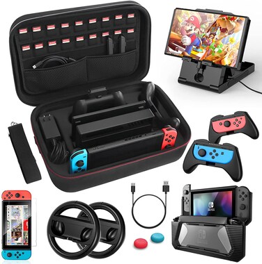 HEYSTOP Switch Accessories Bundle 12 in 1 Compatible with Nintendo Switch, Gift Kit with Carrying Case, Protective Case Cover, Screen Protector, PlayStand, Joycon Grip &amp; More (Black)