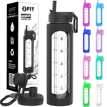FIT Strong &amp; Healthy 32 oz Glass Water Bottle with Time Marker &amp; Silicone Sleeve - w/Handle &amp; 2 Leakproof Lids Straw &amp; Spout Lid, Wide Mouth, BPA Free 1 Liter Motivational Drinking Bottle, Black