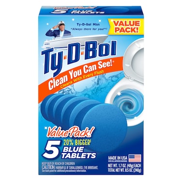 Ty-D-Bol Blue Tablets Value 5 Pack, Cleans and Deodorizer Toilets for a Fresh Smelling Bathroom