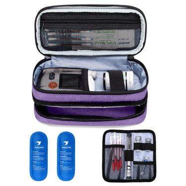 Yarwo Insulin Cooler Travel Case, Double-Layer Diabetic Travel Case with 2 Ice Packs, Diabetic Supplies Organizer for Insulin Pens, Blood Glucose Monitors or Other Diabetes Care Accessories, Purple