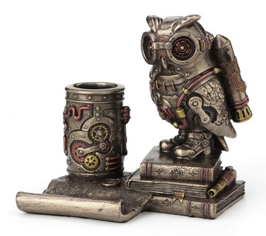 Veronese Design 5 1/4 Inch Steampunk Owl Cell Phone Holder Pen Holder Resin Sculpture Bronze Finish Statue Desk Stand Home Decor Aviation Bird Animal Gift