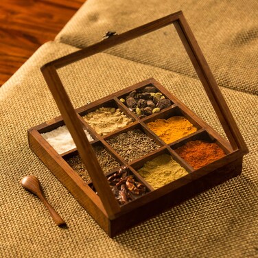 ExclusiveLane Wooden Indian Spice Box With Spoon (9 Partitions, 50 ML Each, Sheesham Wood) - Indian Spice Boxes for Kitchen Masala Dabba Wooden Masala Box Masala Daani Namak Dani Spice Container Rack