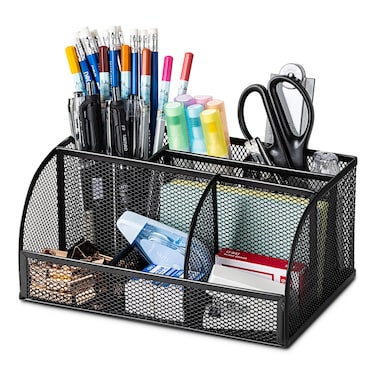 Deli 7-Compartment Black Mesh Desk Organizer with Pen Holder, Office Desktop Organizer, Metal Stationary Caddy