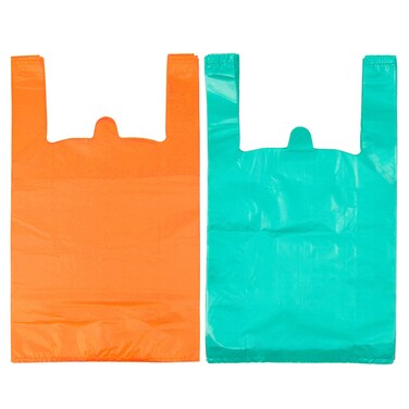 T Shirt Bags, Plastic Grocery Bags with Handles in Bulk for Shopping and Restaurant, Bolsas De Plastico Para Negocio, 12 x 20 Inches (Lake Blue 50 Pcs, Orange 50 Pcs)