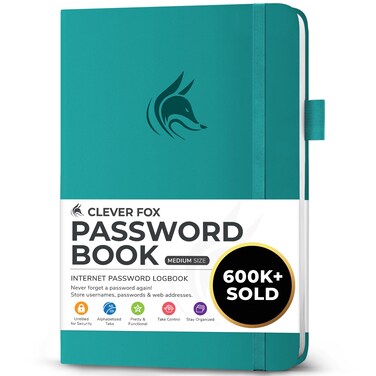 Clever Fox Password Book with alphabetical tabs. Internet Address Organizer Logbook. Medium Password Keeper for Website Logins (Aquamarine)