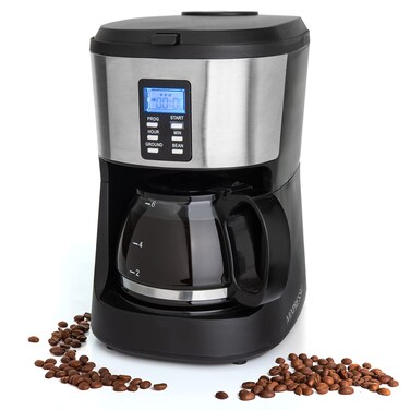 Mixpresso 5-Cup Drip Coffee Maker, Automatic Brew Coffee Pot Machine with Built-In Burr Coffee Grinder, Programmable Smart Coffee Maker with Timer With Glass Carafe Coffee Pot