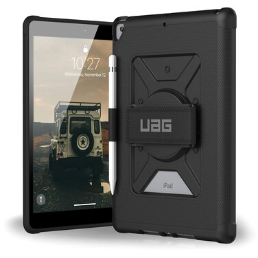 URBAN ARMOR GEAR UAG Designed for iPad 10.2 Case Black 9th Generation 2021 &amp; 8th Gen 2020 w/Hand Strap Thin Slim Durable Protective Cover w/Pencil Holder &amp; Asset Tag Window, Metropolis Series