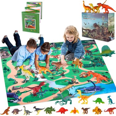 GINMIC Dinosaur Figurines Toys w/Large Activity Play Mat, Educational Realistic Dinosaur Toys Playset to Create a Dino World, Perfect Dinosaur Gifts for Boy &amp; Girl 3,4,5,6,7,8 Years Old