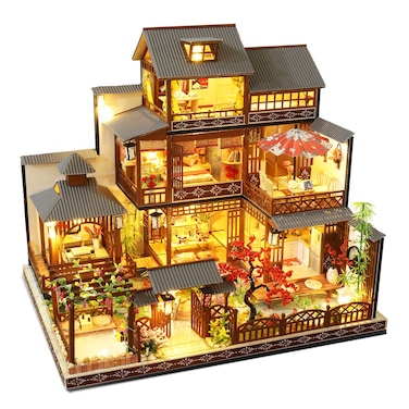 Spilay DIY Dollhouse Miniature with Wooden Furniture,DIY Dollhouse Kit Big Japanese Courtyard Model with LED &amp; Music Box,1:24 Scale Creative Room Gift Idea for Adult Friend Lover (Yaquan Courtyard)