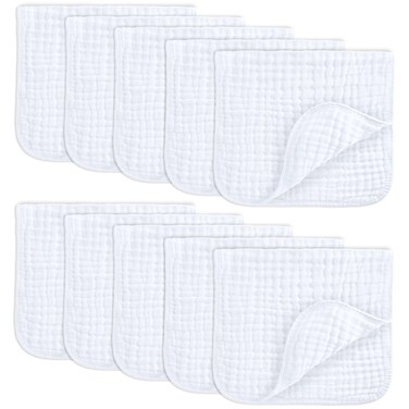 Comfy Cubs Muslin Burp Cloths 20" x 10", Pack of 10 - Large, 6-Layer, Ultra Absorbent 100% Cotton for Baby Drool and Messes - Soft, Safe &amp; Gentle Baby Burp Cloths for Boys &amp; Girls - White
