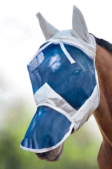 Harrison Howard CareMaster Horse Fly Mask Long Nose with Ears Full Face Silver/Blue Retro Large Full Size