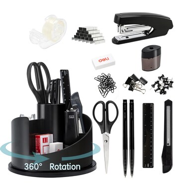 deli Office Supplies Set, 1045 Pcs-Desk Accessory Organizer Kit, Stapler Set, Rotating Multi-Functional Pen Holder, Tape Dispenser, Pens, Binder Clips, Sharpener, Scissor, Eraser, Black