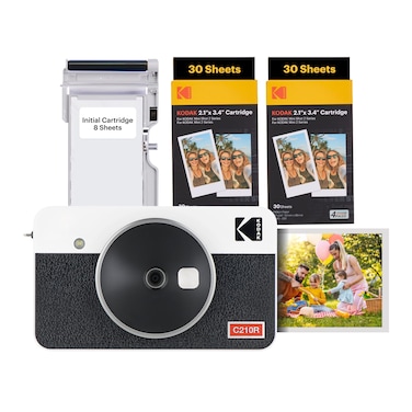 KODAK Mini Shot 2 Retro 4PASS 2-in-1 Instant Digital Camera and Photo Printer (2.1x3.4 inches) Initial 8 Sheets + 60 Sheets Bundle, White
