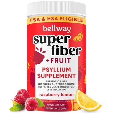 Bellway Super Fiber Powder + Fruit, Sugar Free Organic Psyllium Husk Powder Fiber Supplement for Regularity, Bloating Relief &amp; Gut Health, Non-GMO, Plant-Based, Raspberry Lemon (50 Servings)