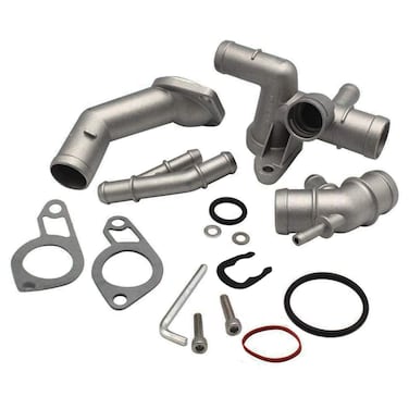 Coolant Flange Upgrade Kit Replacement Fit for VW MK4 Golf Jetta GLI GTI TT 337 1.8T (Cooling Hose Flange+Coolant T-Fitting+Thermostat Housing Cover + Water Distribution Pipe)