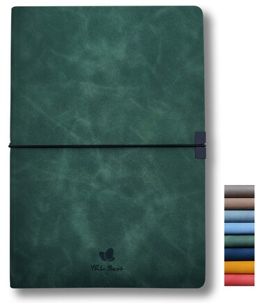 Writing Journal Notebook, College Ruled/Lined, A5, 5.8x8.3&rdquo;, Premium Faux Leather Soft Cover, Fine Thick Paper, Sewn Bound, Inner Pocket, Elastic Closure Wrap, Pen Loop, Lays Flat, Green